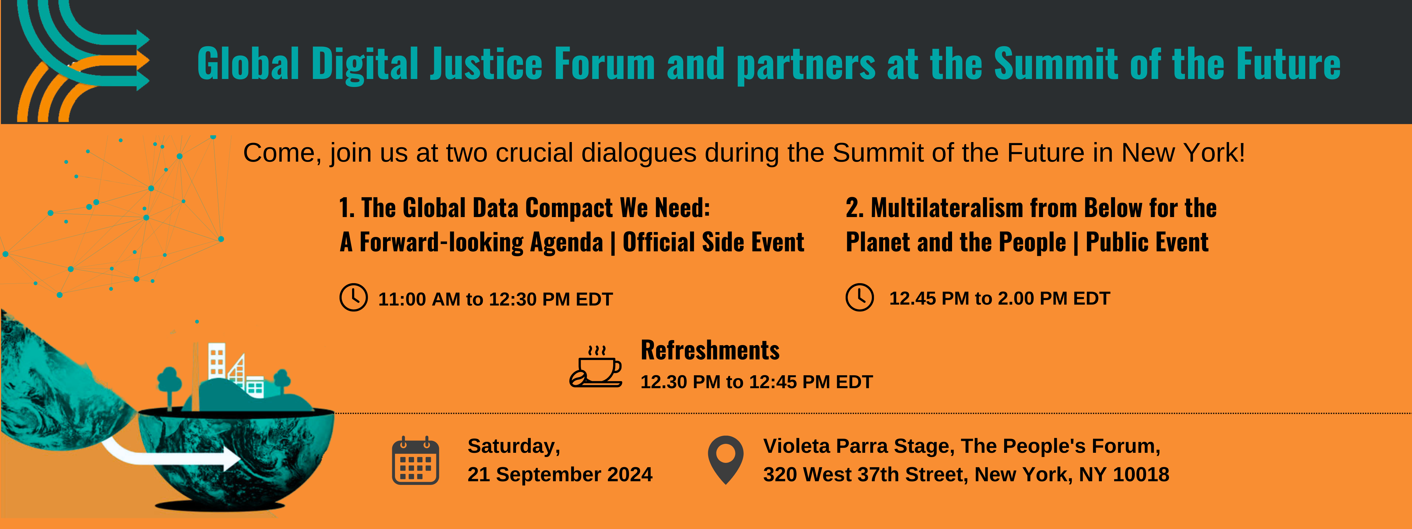 Global Digital Justice Forum and partners at the Summit of the Future event banner